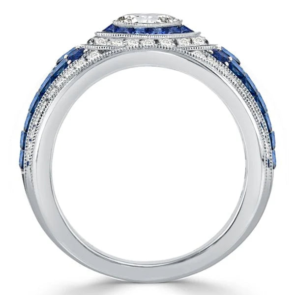 Antique Milgrain Double Halo Round Cut Blue Sapphire Engagement Ring For Women Belovegrace
