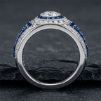 Antique Milgrain Double Halo Round Cut Blue Sapphire Wide Band Ring