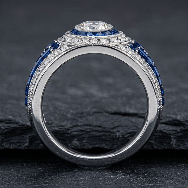 Antique Milgrain Double Halo Round Cut Blue Sapphire Wide Band Ring