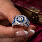 Antique Milgrain Double Halo Round Cut Blue Sapphire Wide Band Ring