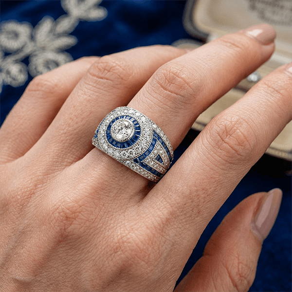 Antique Milgrain Double Halo Round Cut Blue Sapphire Wide Band Ring