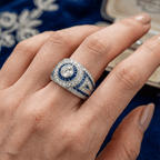 Antique Milgrain Double Halo Round Cut Blue Sapphire Wide Band Ring