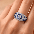 Antique Milgrain Double Halo Round Cut Blue Sapphire Wide Band Ring