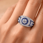 Antique Milgrain Double Halo Round Cut Blue Sapphire Wide Band Ring
