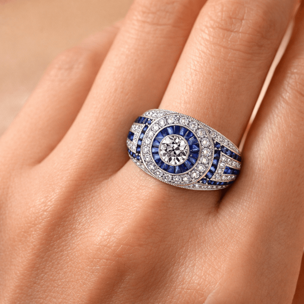Antique Milgrain Double Halo Round Cut Blue Sapphire Wide Band Ring