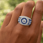 Antique Milgrain Double Halo Round Cut Blue Sapphire Wide Band Ring