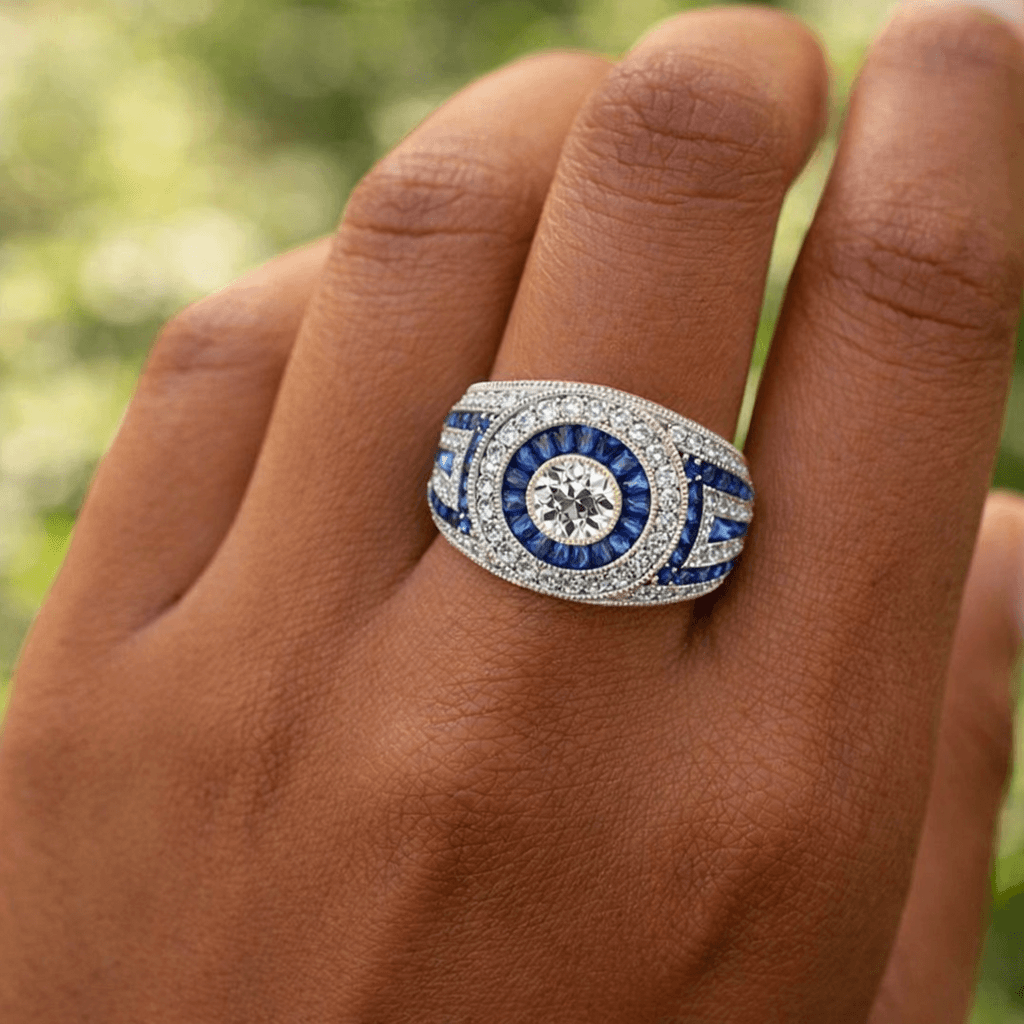 Antique Milgrain Double Halo Round Cut Blue Sapphire Wide Band Ring