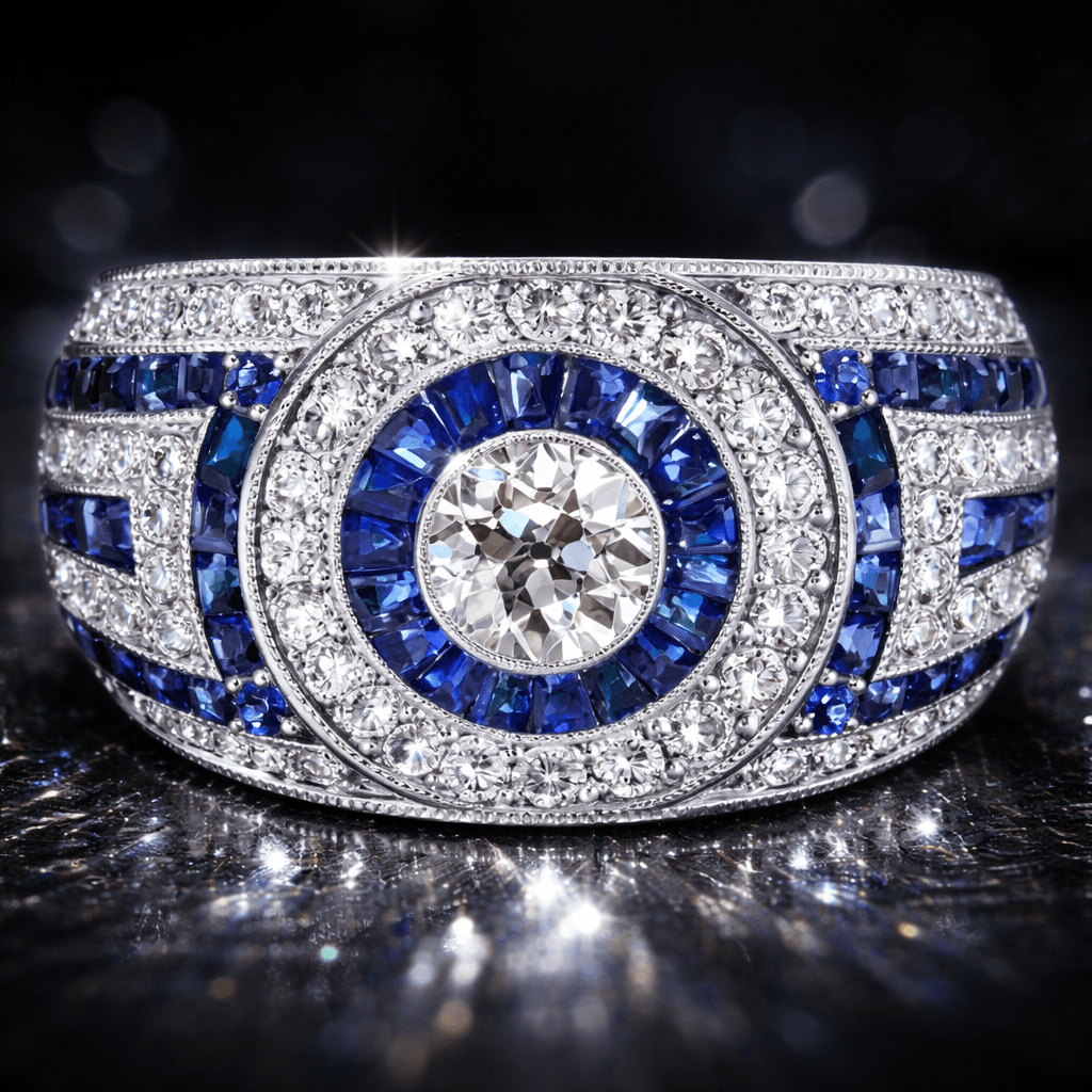 Antique Milgrain Double Halo Round Cut Blue Sapphire Wide Band Ring