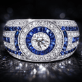 Antique Milgrain Double Halo Round Cut Blue Sapphire Wide Band Ring
