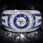 Antique Milgrain Double Halo Round Cut Blue Sapphire Wide Band Ring