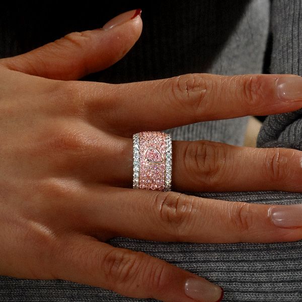 Two Tone Multi Row Micro Pave Pear & Emerald Cut Pink Sapphire Wedding Band For Women Belovegrace