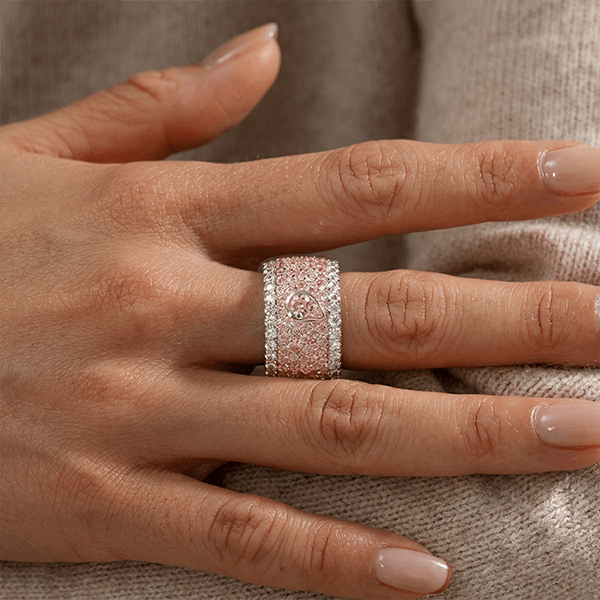 Pavé Setting Pear & Emerald Cut Pink Sapphire Cocktail Band Ring For Women