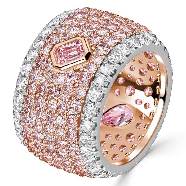 Two Tone Multi Row Micro Pave Pear & Emerald Cut Pink Sapphire Wedding Band For Women Belovegrace