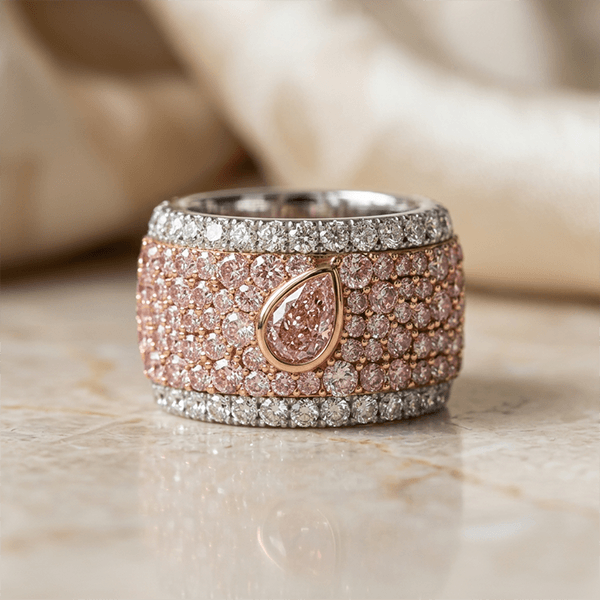 Luxury Jewelry Two Tone Bezel Setting Pear & Round Cut Pink Sapphire Eternity Wedding Band For Women
