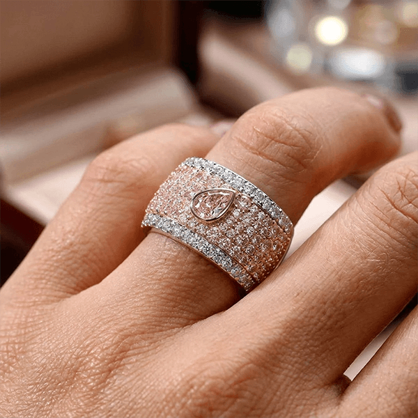 Pavé Setting Pear & Emerald Cut Pink Sapphire Cocktail Band Ring For Women