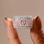 Two Tone Multi Row Micro Pave Pear & Emerald Cut Pink Sapphire Wedding Band For Women Belovegrace