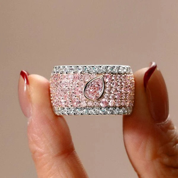 Two Tone Multi Row Micro Pave Pear & Emerald Cut Pink Sapphire Wedding Band For Women Belovegrace