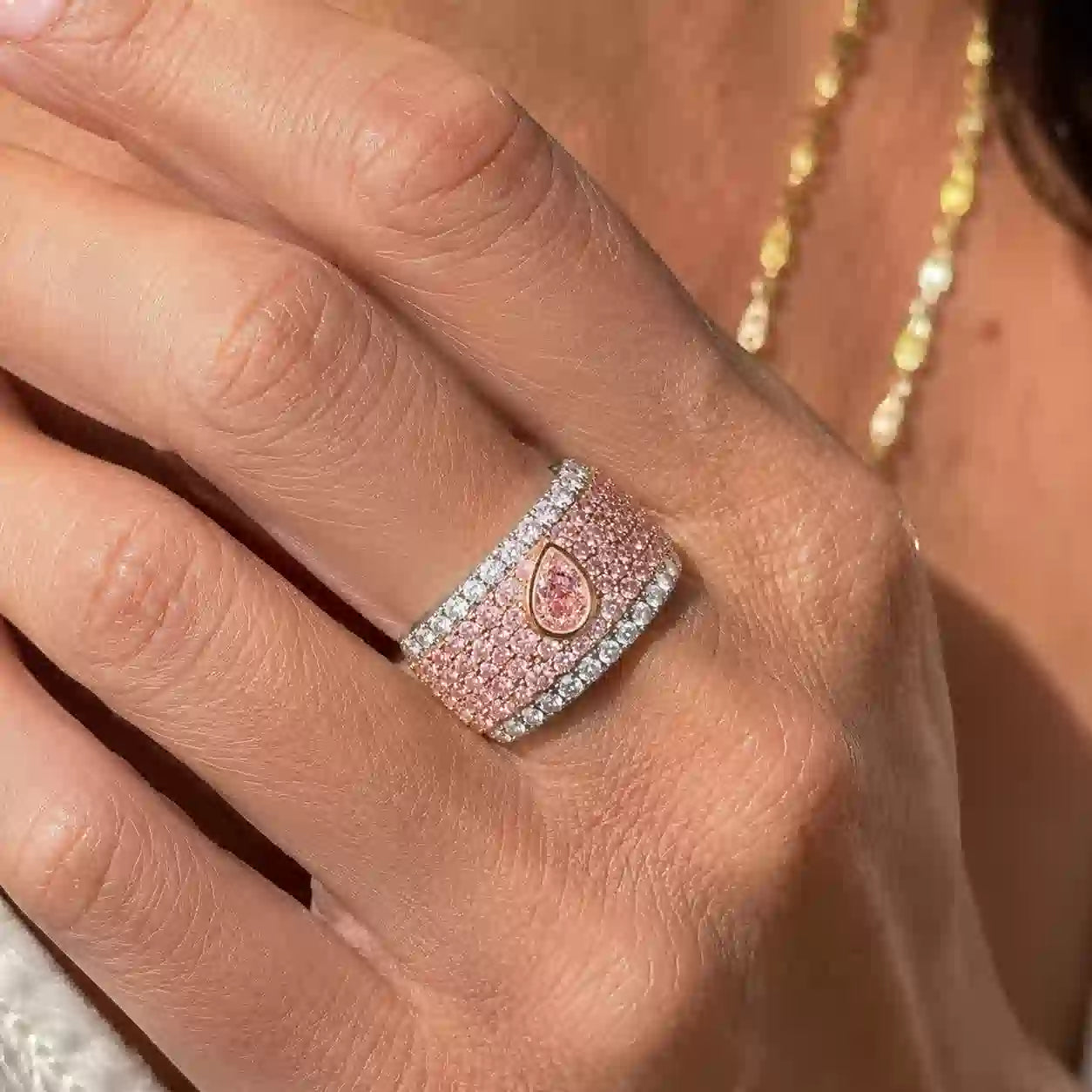 Pavé Setting Pear & Emerald Cut Pink Sapphire Cocktail Band Ring For Women