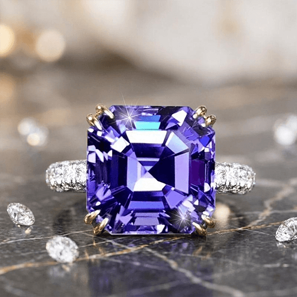 Two Tone Double Prong Asscher Cut Blue Sapphire Engagement Ring