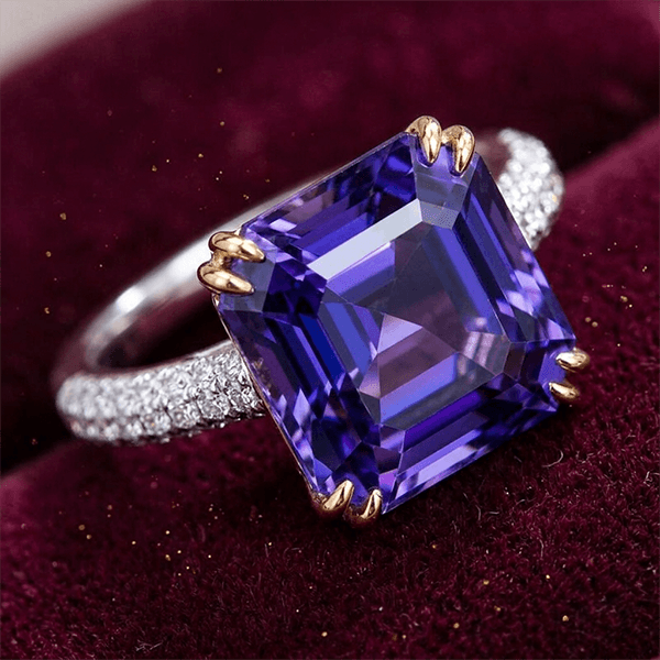 Two Tone Double Prong Asscher Cut Blue Sapphire Engagement Ring