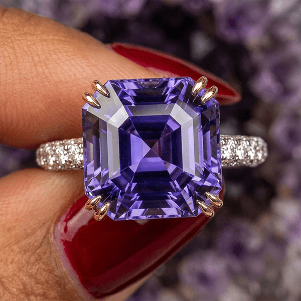 Two Tone Double Prong Asscher Cut Blue Sapphire Engagement Ring