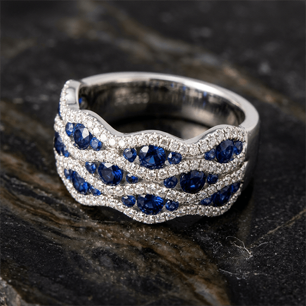 Wave Shape Multi Row Round Cut Blue Sapphire Wedding Band Ring