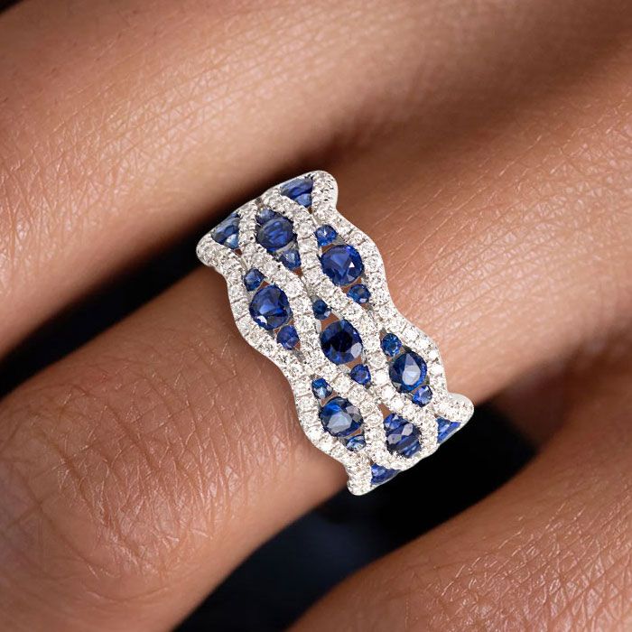 Multi Row Half Eternity Round Cut Blue Sapphire Wave Wedding Band For Women Belovegrace