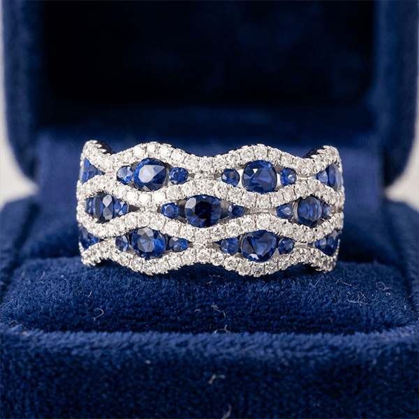Wave Shape Multi Row Round Cut Blue Sapphire Wedding Band Ring