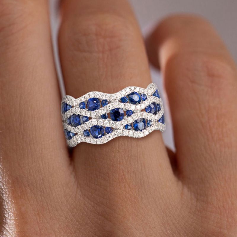 Multi Row Half Eternity Round Cut Blue Sapphire Wave Wedding Band For Women Belovegrace
