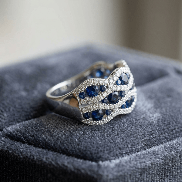 Wave Shape Multi Row Round Cut Blue Sapphire Wedding Band Ring