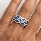 Wave Shape Multi Row Round Cut Blue Sapphire Wedding Band Ring