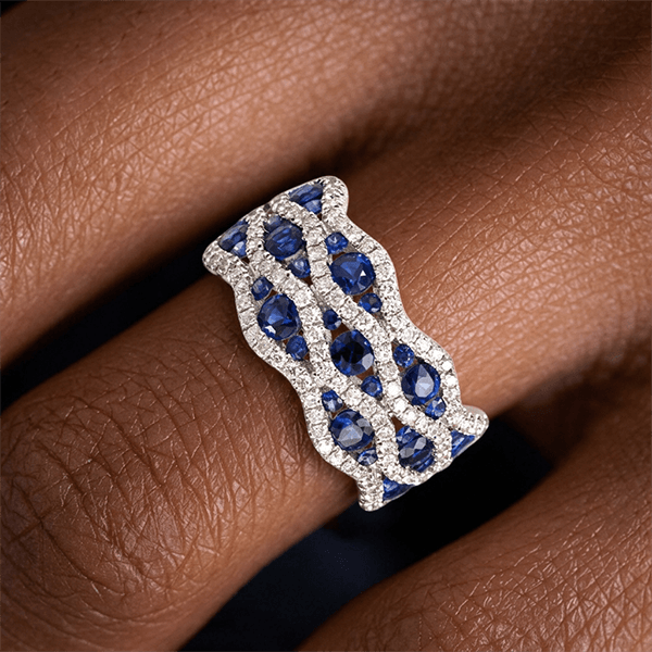 Wave Shape Multi Row Round Cut Blue Sapphire Wedding Band Ring