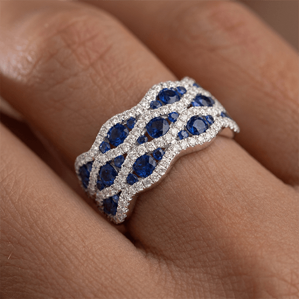 Wave Shape Multi Row Round Cut Blue Sapphire Wedding Band Ring