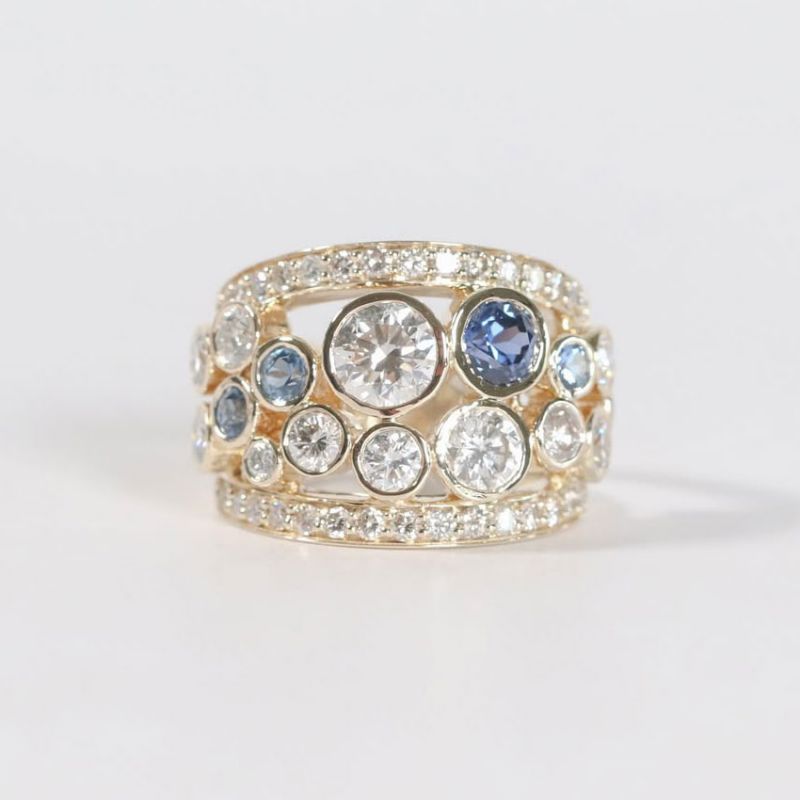 Golden Round Cut Blue & White Sapphire Wedding Band For Women Belovegrace