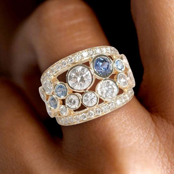 Golden Round Cut Blue & White Sapphire Wedding Band For Women Belovegrace