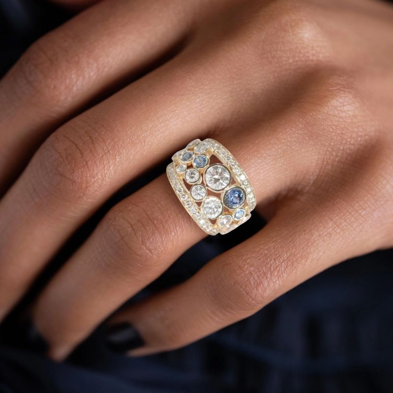 Golden Round Cut Blue & White Sapphire Wedding Band For Women Belovegrace