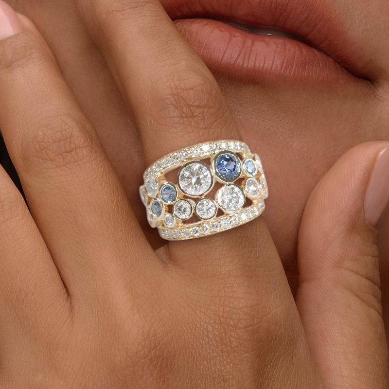 Golden Round Cut Blue & White Sapphire Wedding Band For Women Belovegrace