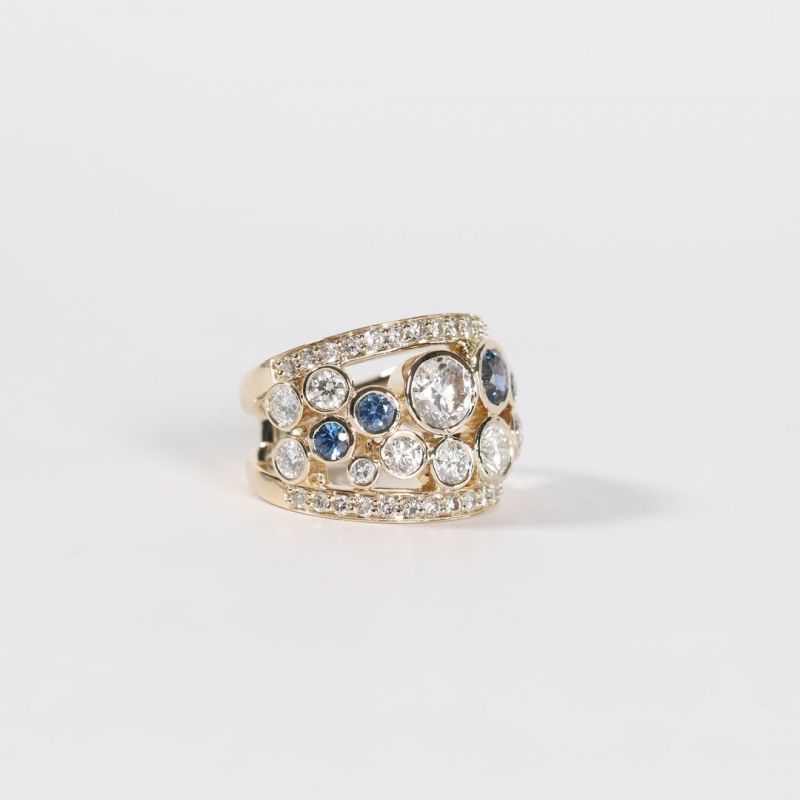Golden Round Cut Blue & White Sapphire Wedding Band For Women Belovegrace