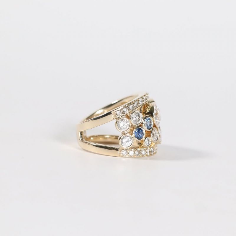 Golden Round Cut Blue & White Sapphire Wedding Band For Women Belovegrace