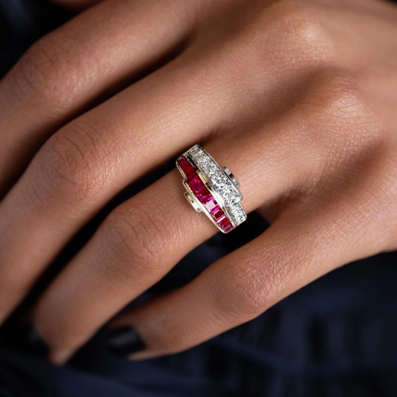 Two Tone Asscher Cut Ruby Sapphire Wedding Band For Women Belovegrace