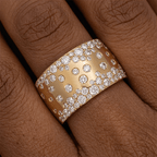 Wide Micro Pave Cluster Setting Yellow Gold Round Cut Wedding Band Ring
