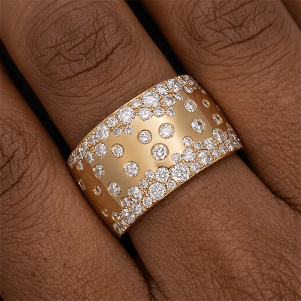 Wide Micro Pave Cluster Setting Yellow Gold Round Cut Wedding Band Ring
