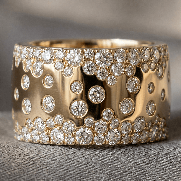 Wide Micro Pave Cluster Setting Yellow Gold Round Cut Wedding Band Ring