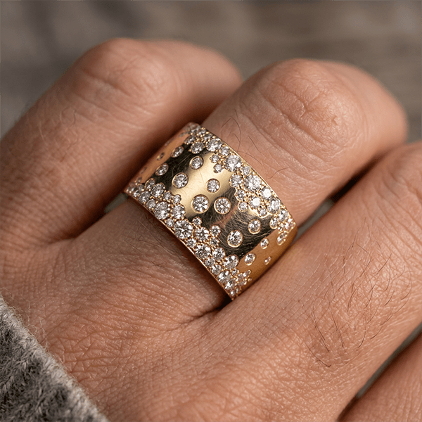 Wide Micro Pave Cluster Setting Yellow Gold Round Cut Wedding Band Ring