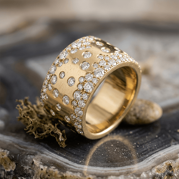 Wide Micro Pave Cluster Setting Yellow Gold Round Cut Wedding Band Ring