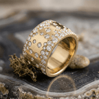 Wide Micro Pave Cluster Setting Yellow Gold Round Cut Wedding Band Ring