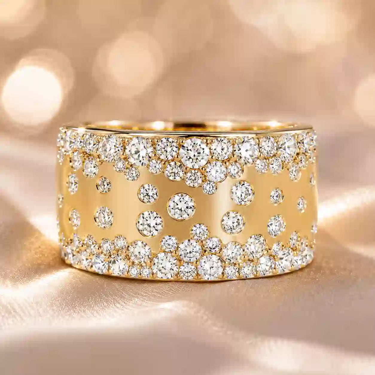Wide Micro Pave Cluster Setting Yellow Gold Round Cut Wedding Band Ring