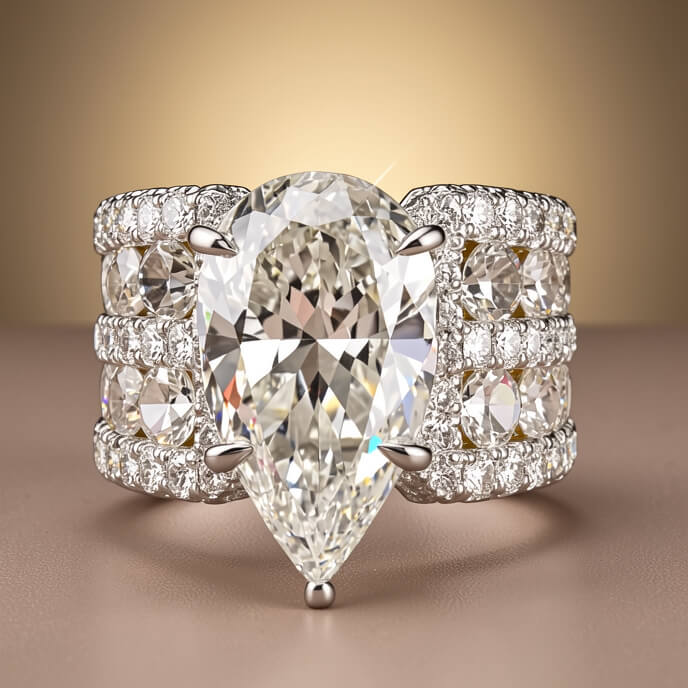 Multi Row Pave Solitaire Pear Cut White Sapphire Engagement Ring