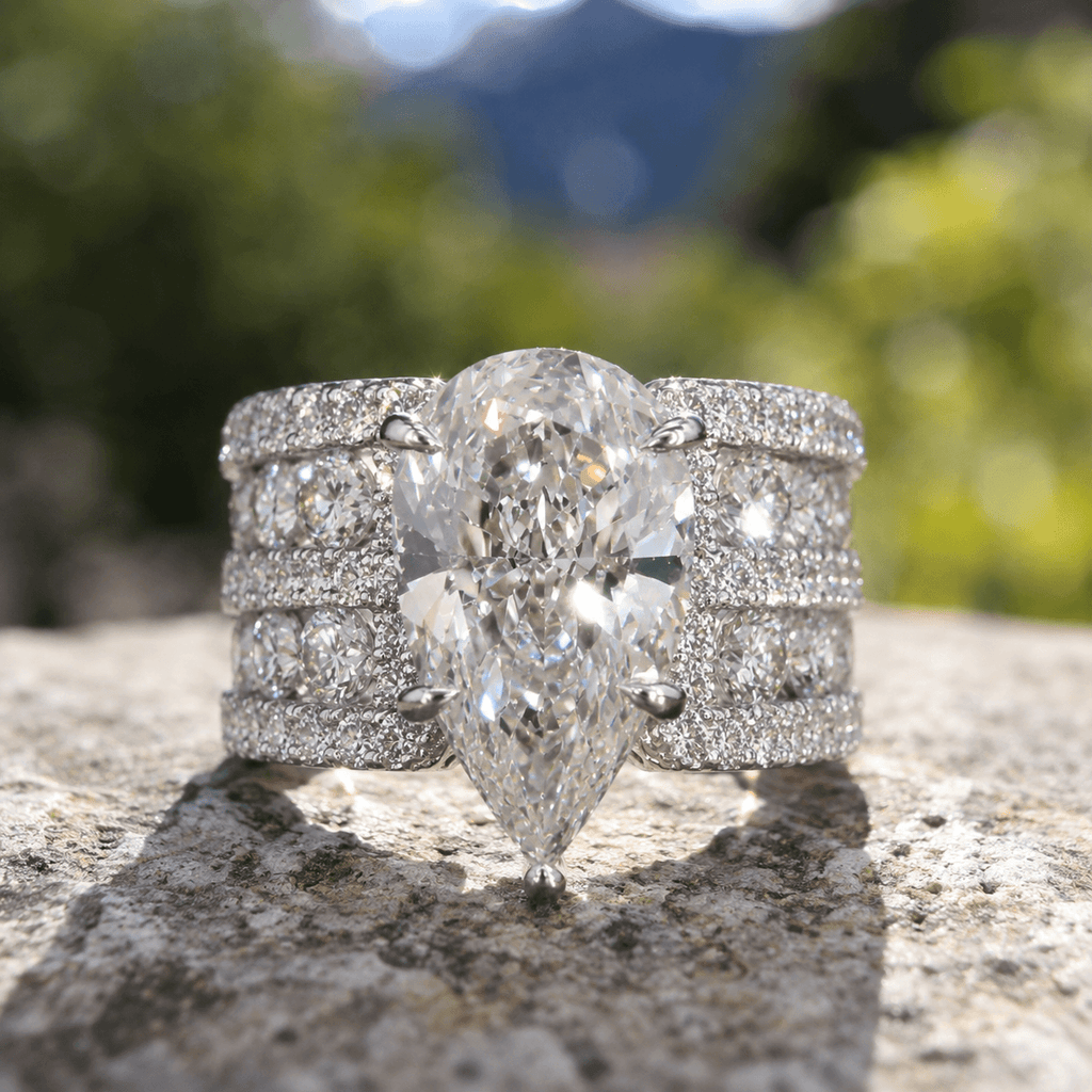 Multi Row Pave Solitaire Pear Cut White Sapphire Engagement Ring