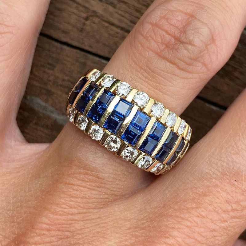 Golden Asscher & Round Cut Blue & White Sapphire Wedding Band For Women Belovegrace